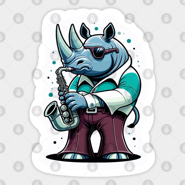 Groovy 70s Saxophone-blowing Rhino - Colorful Cartoon Vector Art Sticker by TimeWarpWildlife